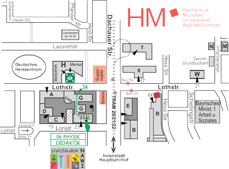 Lageplan der Hochschule München, Stammgelände Lothstraße, zum Vergrößern anklicken